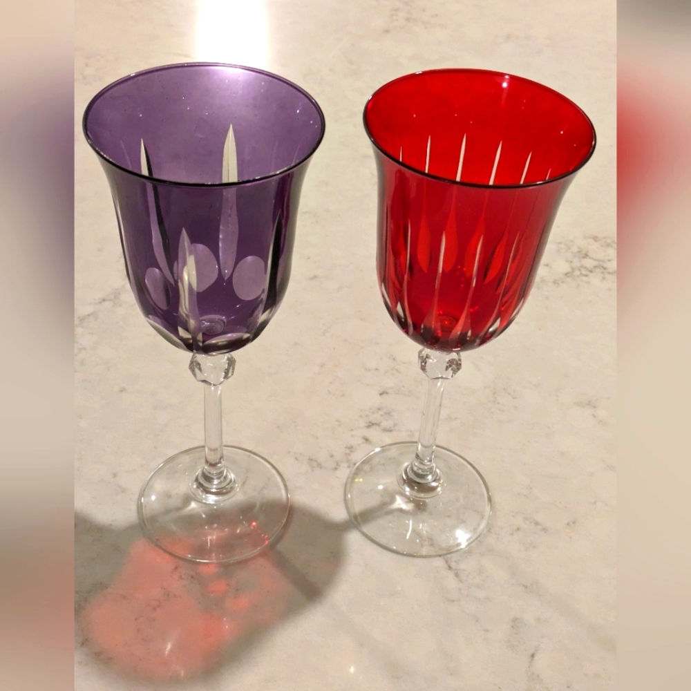 2 Crystal Glasses - 2 Color Purple and Red
